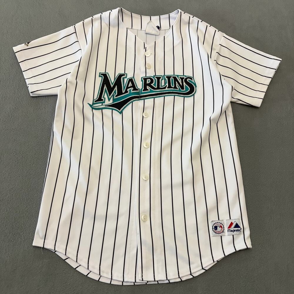 Majestic Florida Marlins Pinstripe Jersey Men's Small Youth L White Polyester